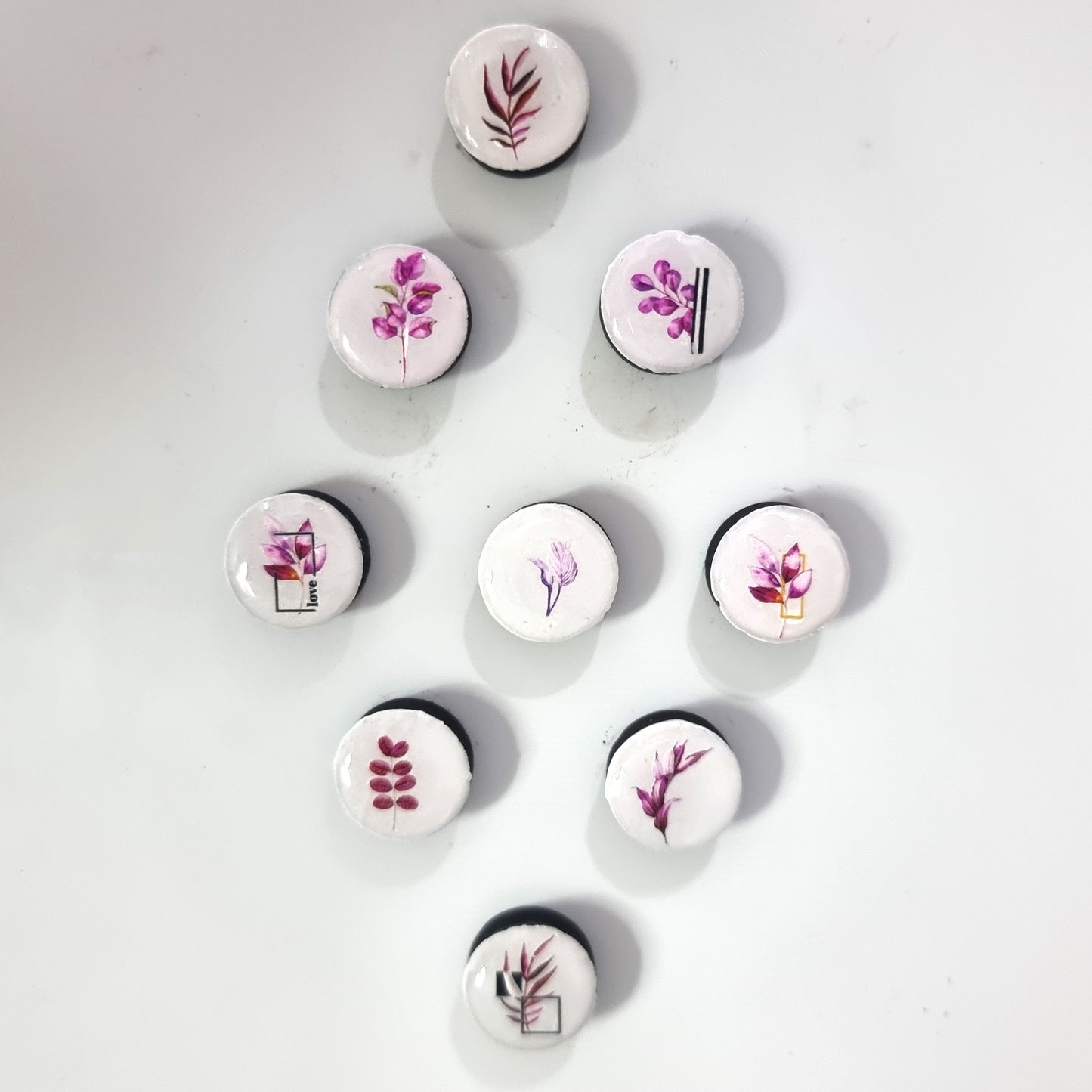 Set of 9 magnets- pink on white